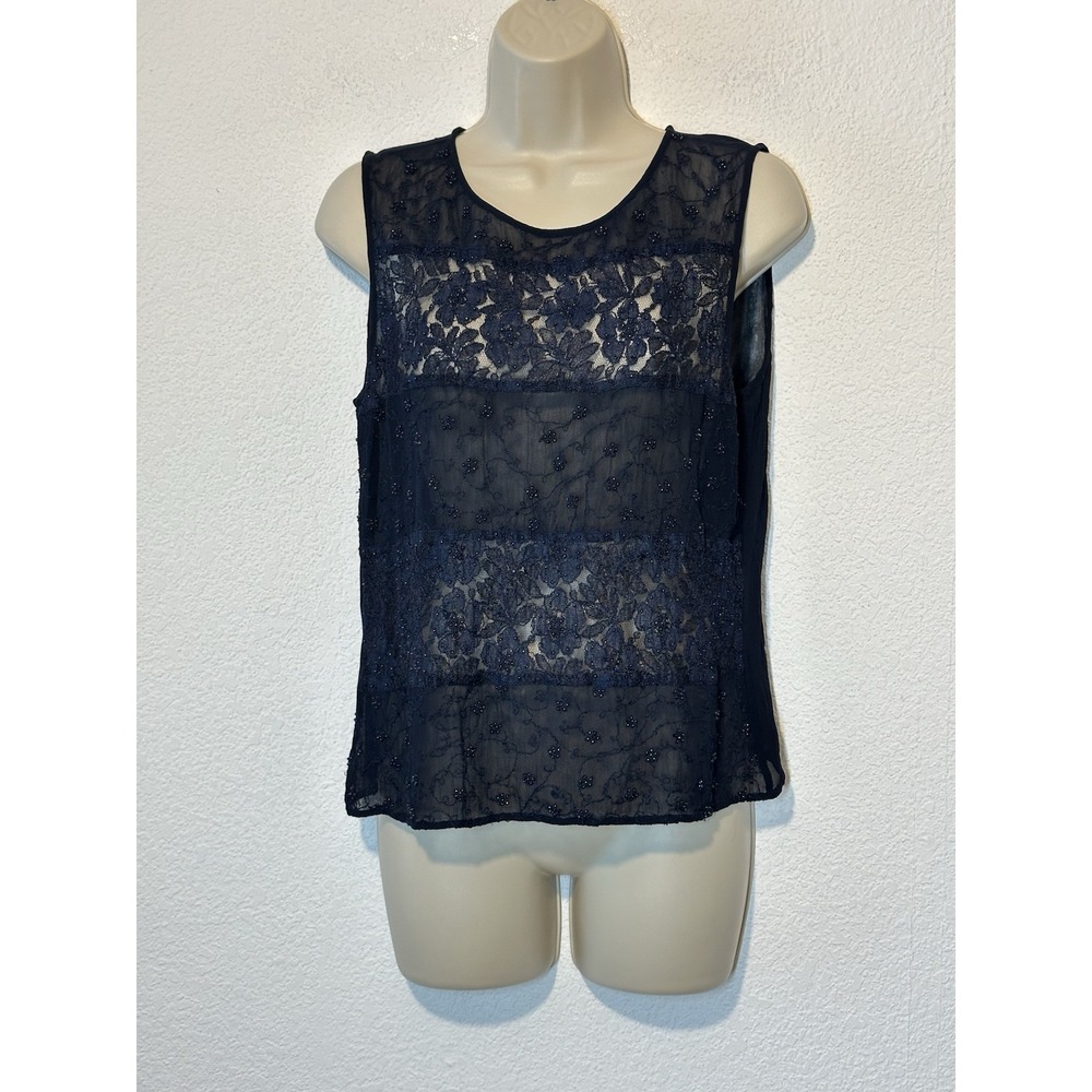 Vintage Y2K Express Blue Navy Beaded Lace Sheer Top Size Medium Wedding Event‎